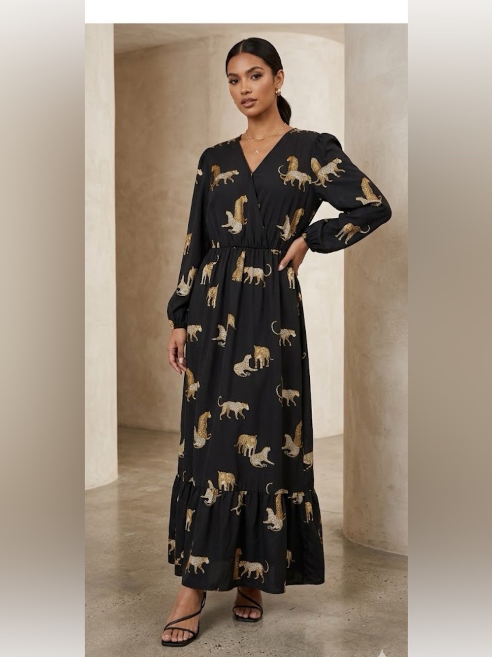 Buy 5 for 10$❗️SHEIN Black Maxi Dress with Gold & Cream Animal Motif